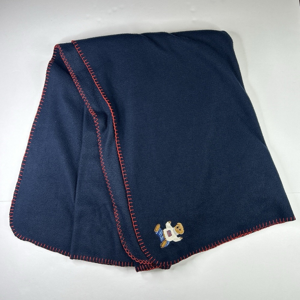 Vtg Lauren Ralph Lauren Polo Bear Fleece Blanket Navy Blue Red Stitch 48x70 LRL